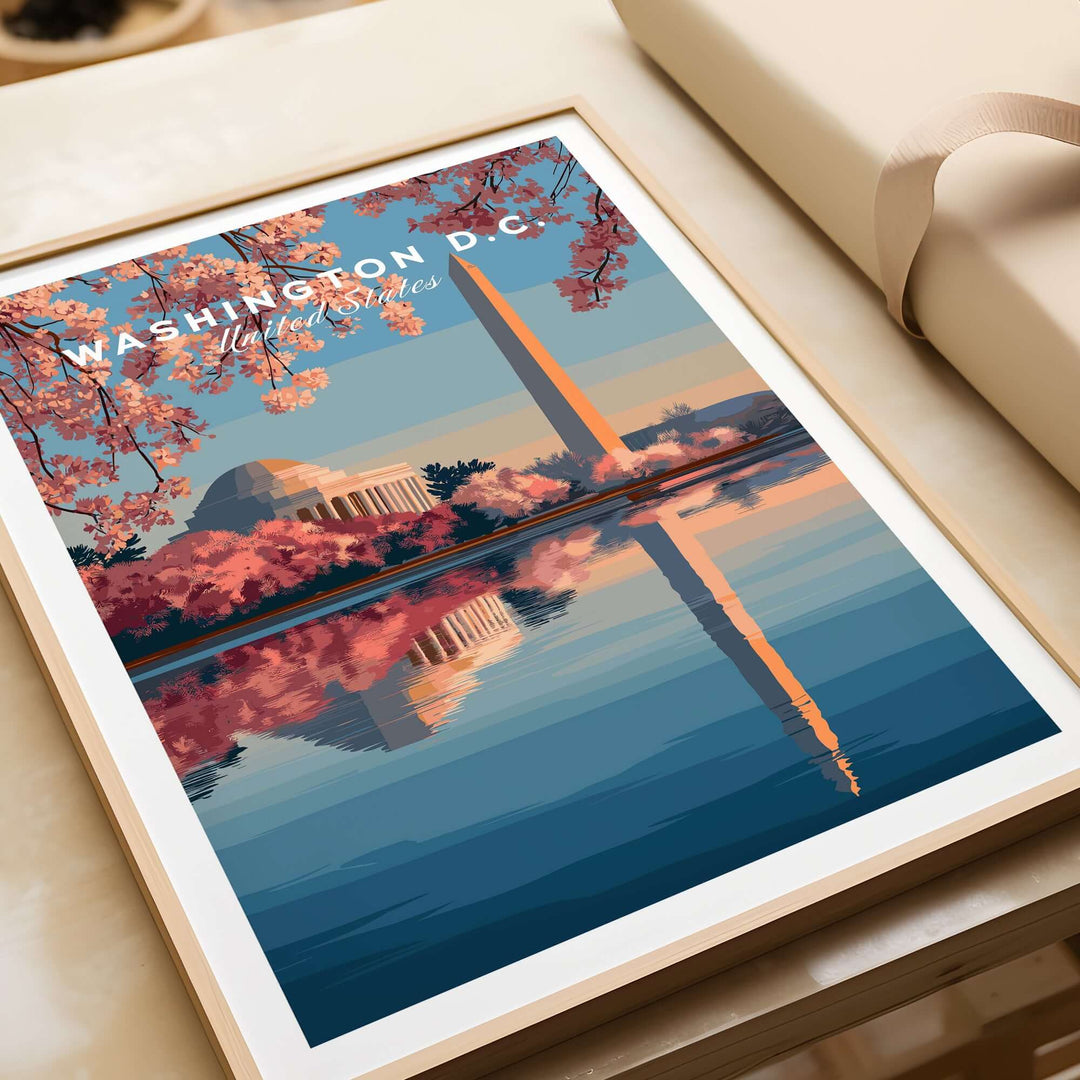 Washington D.C. poster featuring Jefferson Memorial and Washington Monument with cherry blossoms.
