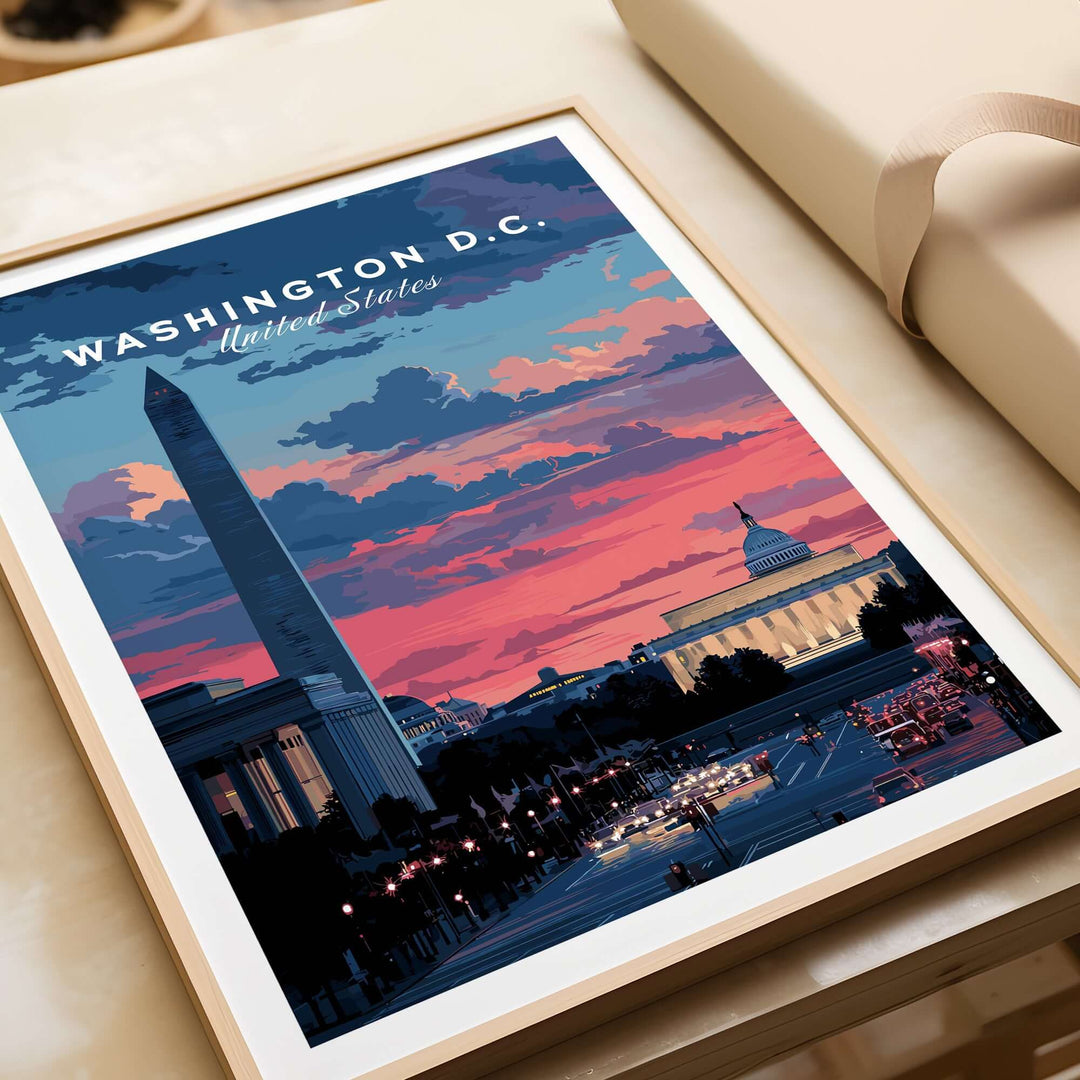 Washington D.C. wall art featuring the Washington Monument and sunset skyline in vibrant colors.