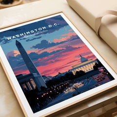 Washington D.C. Wall Art Washington Monument Sunset Poster - Capital City Skyline Print in a decorative frame