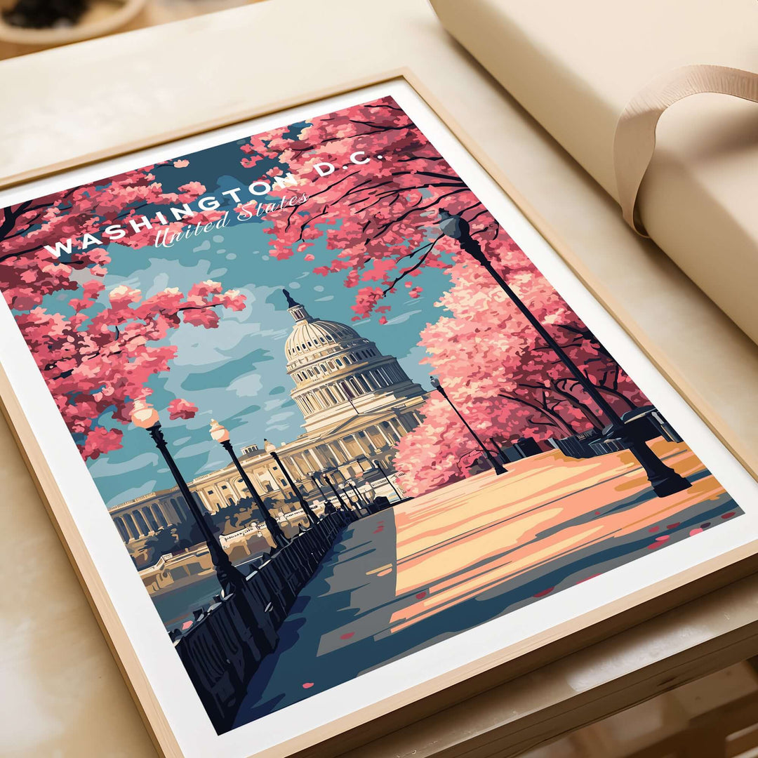 Washington D.C. Cherry Blossom Capitol print poster showcasing iconic Capitol building framed by pink blossoms.