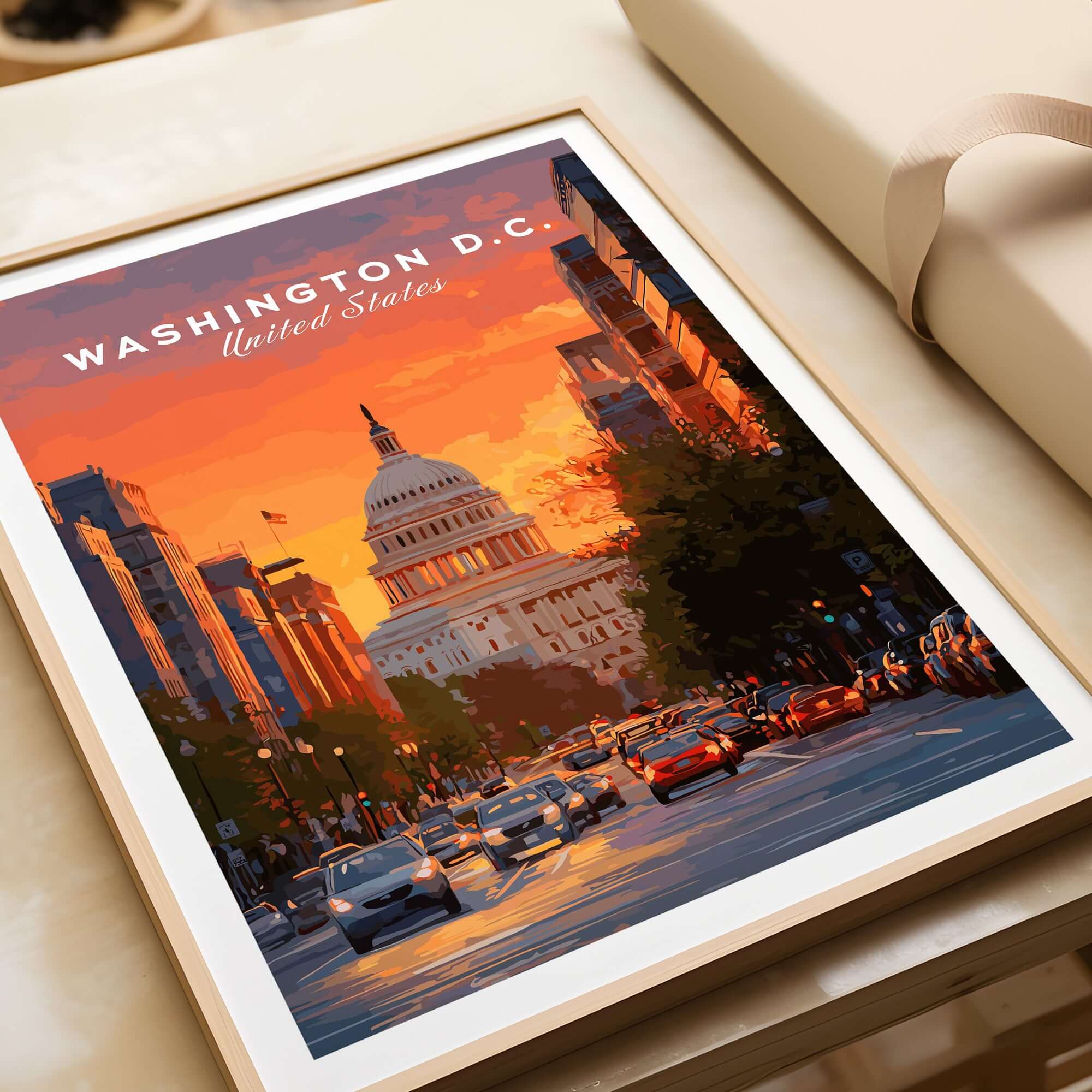 Washington D.C. Capitol Building Sunset Print - American Landmark Wall Art displayed on a table with a warm sunset.