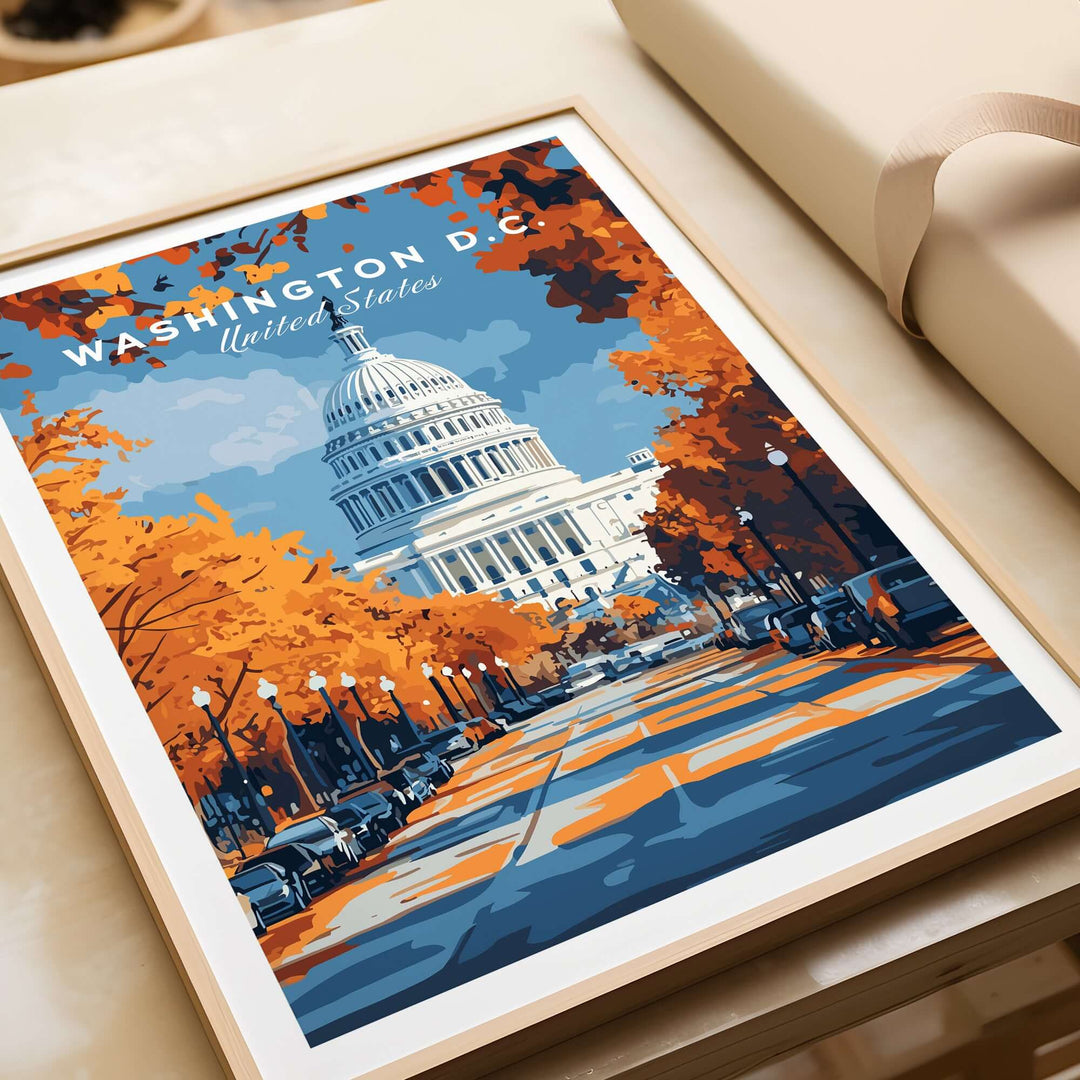 Washington D.C. autumn Capitol View print showcasing vibrant fall foliage and the iconic Capitol building.