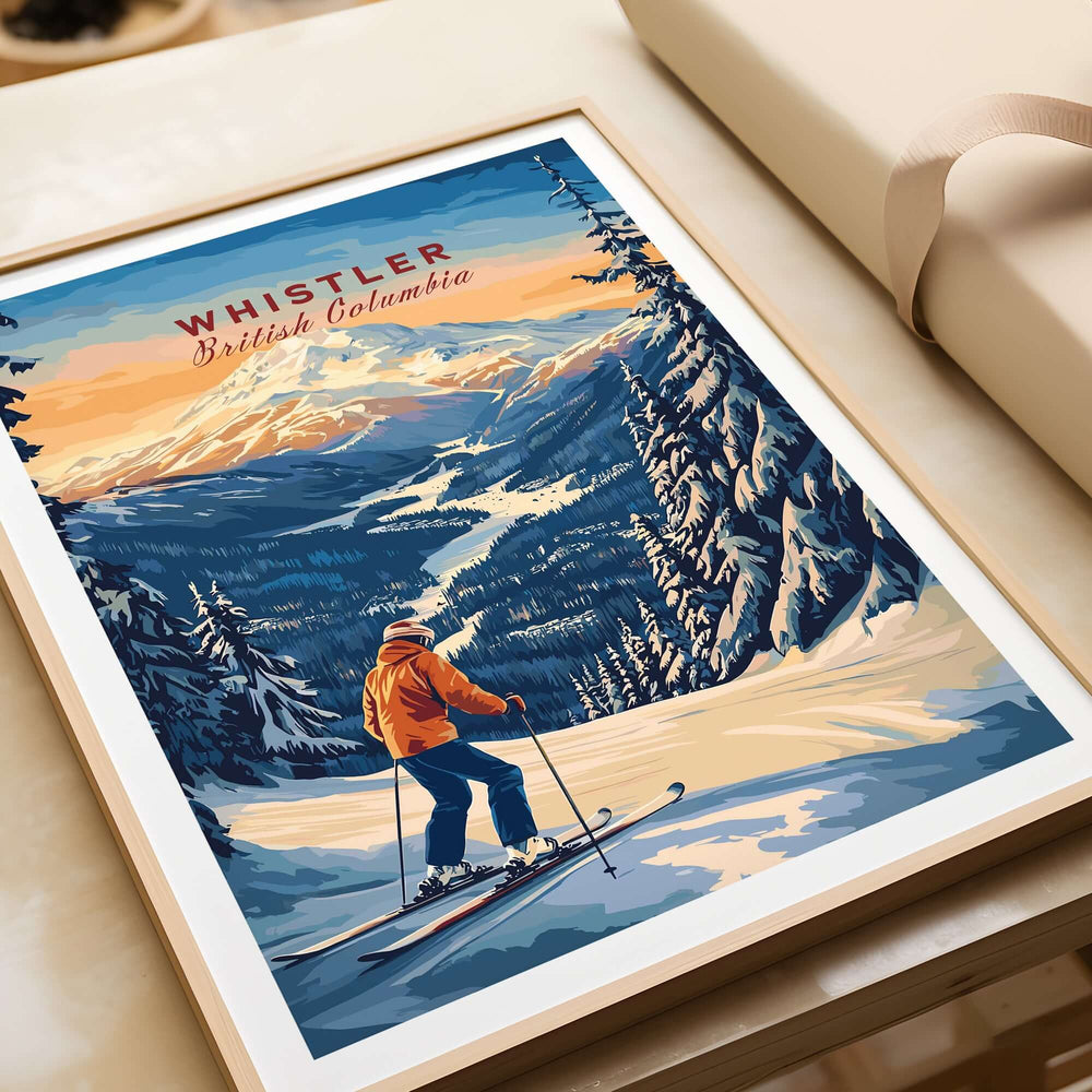 Whistler travel poster showcasing breathtaking ski landscapes in British Columbia, perfect for adventurers and décor enthusiasts.