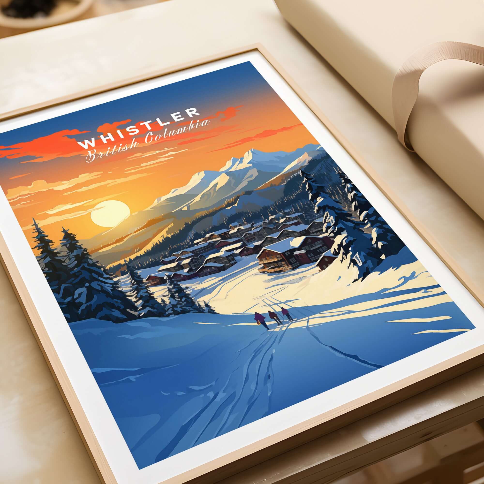 Whistler wall art ski print featuring a colorful sunset over snowy mountains and pine trees, perfect for home decor.
