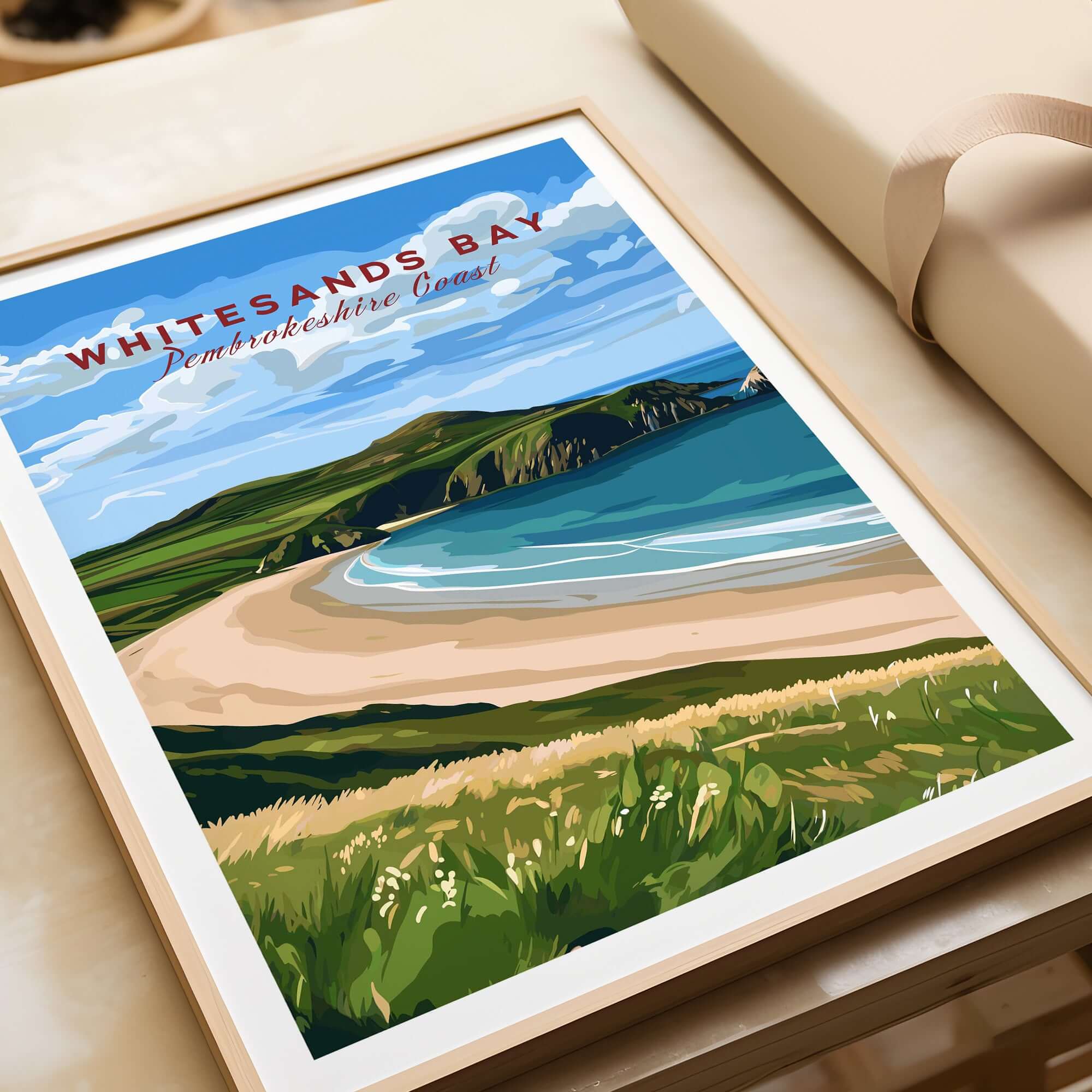 Whitesands Bay Coastal View Poster - Pembrokeshire Coast National Park Wall Art showcasing beach and landscape.