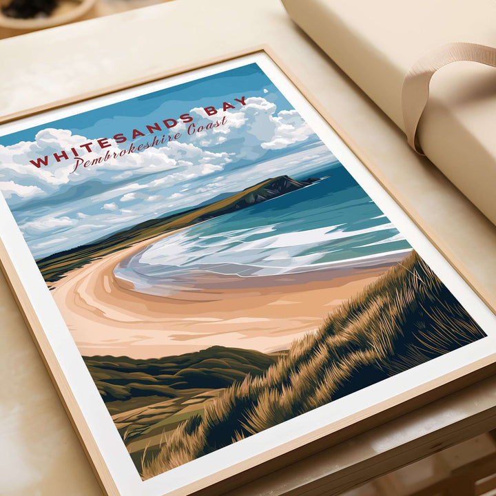 Whitesands Bay Pembrokeshire print showcasing sandy beach and coastal scenery with vibrant colors.