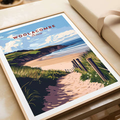 Woolacombe Beach Path Print - Coastal Devon Wall Art depicting a sandy path leading to the beach surrounded by nature.
