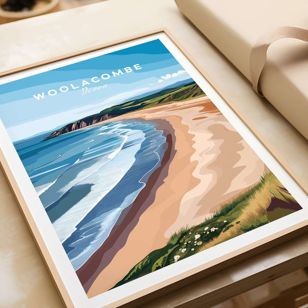 Woolacombe Devon Long Beach Sunset Poster featuring rolling waves and sandy coastline in vibrant colors.