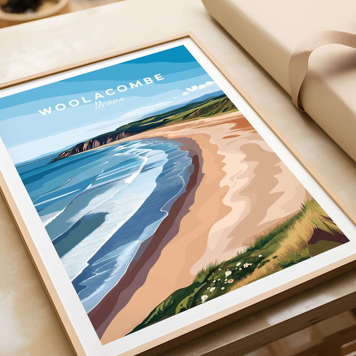 Woolacombe Devon Long Beach Sunset Poster featuring rolling waves and sandy coastline in vibrant colors.
