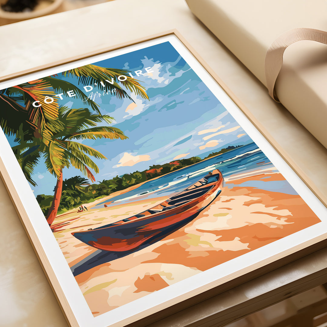 Côte d'Ivoire beach wall art featuring serene palm trees and a traditional wooden boat on the sandy shore.