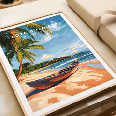Côte d'Ivoire Beach Wall Art featuring a serene beach scene with palm trees and a canoe on sandy shores.