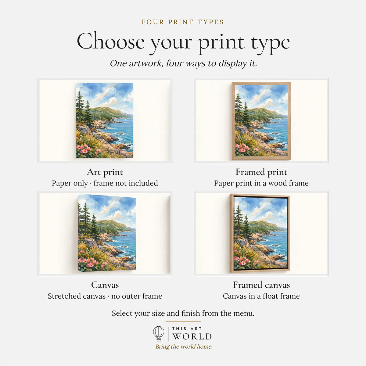 Acadia National Park rocky coastline and pines watercolour art print, print type options: art print, framed print or canvas