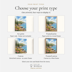 Acadia National Park rocky coastline and pines watercolour art print, print type options: art print, framed print or canvas