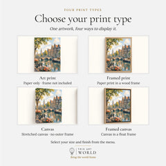 Amsterdam canal houses and bridge watercolour art print, print type options: art print, framed print or canvas