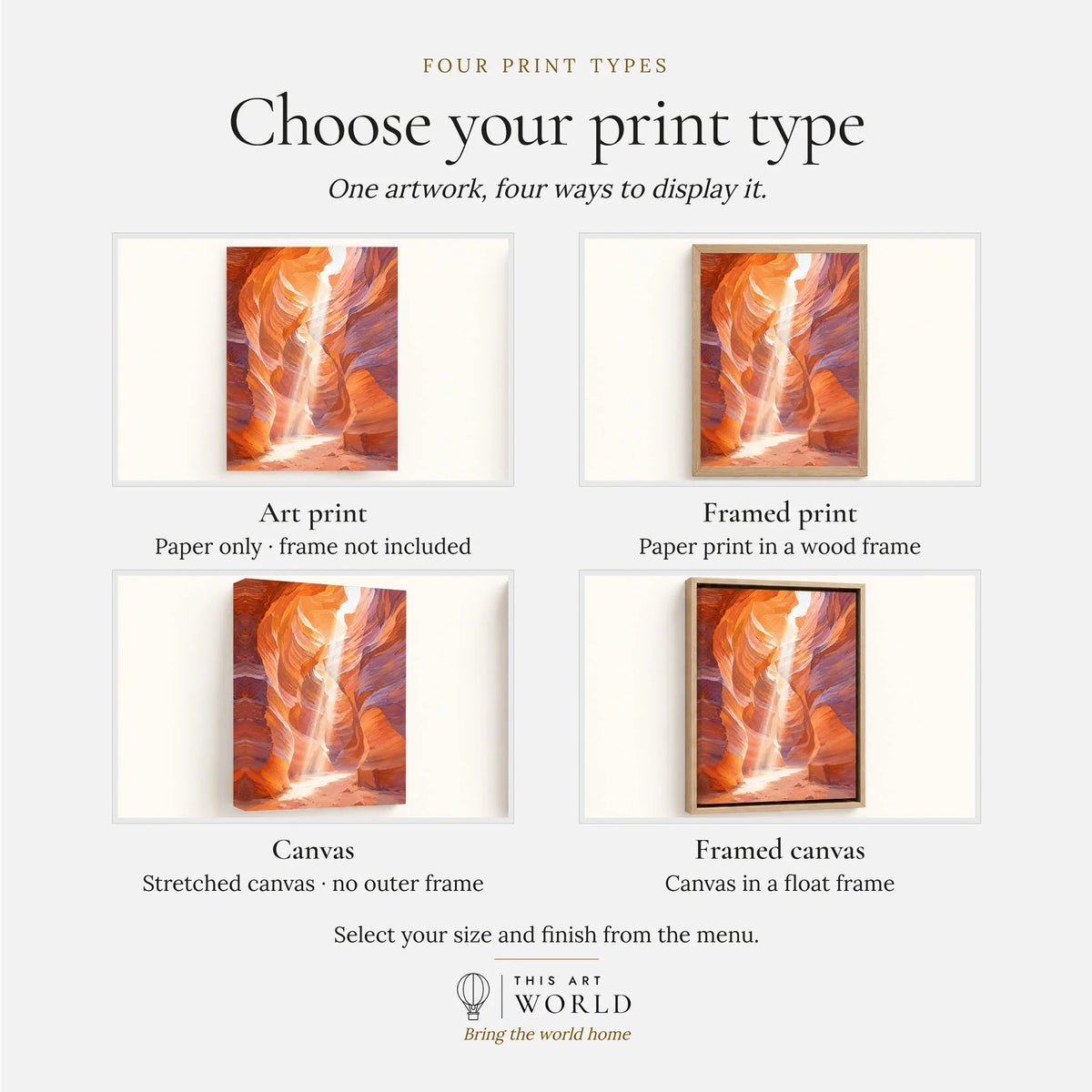 Antelope Canyon slot canyon light beam watercolour art print, print type options: art print, framed print or canvas