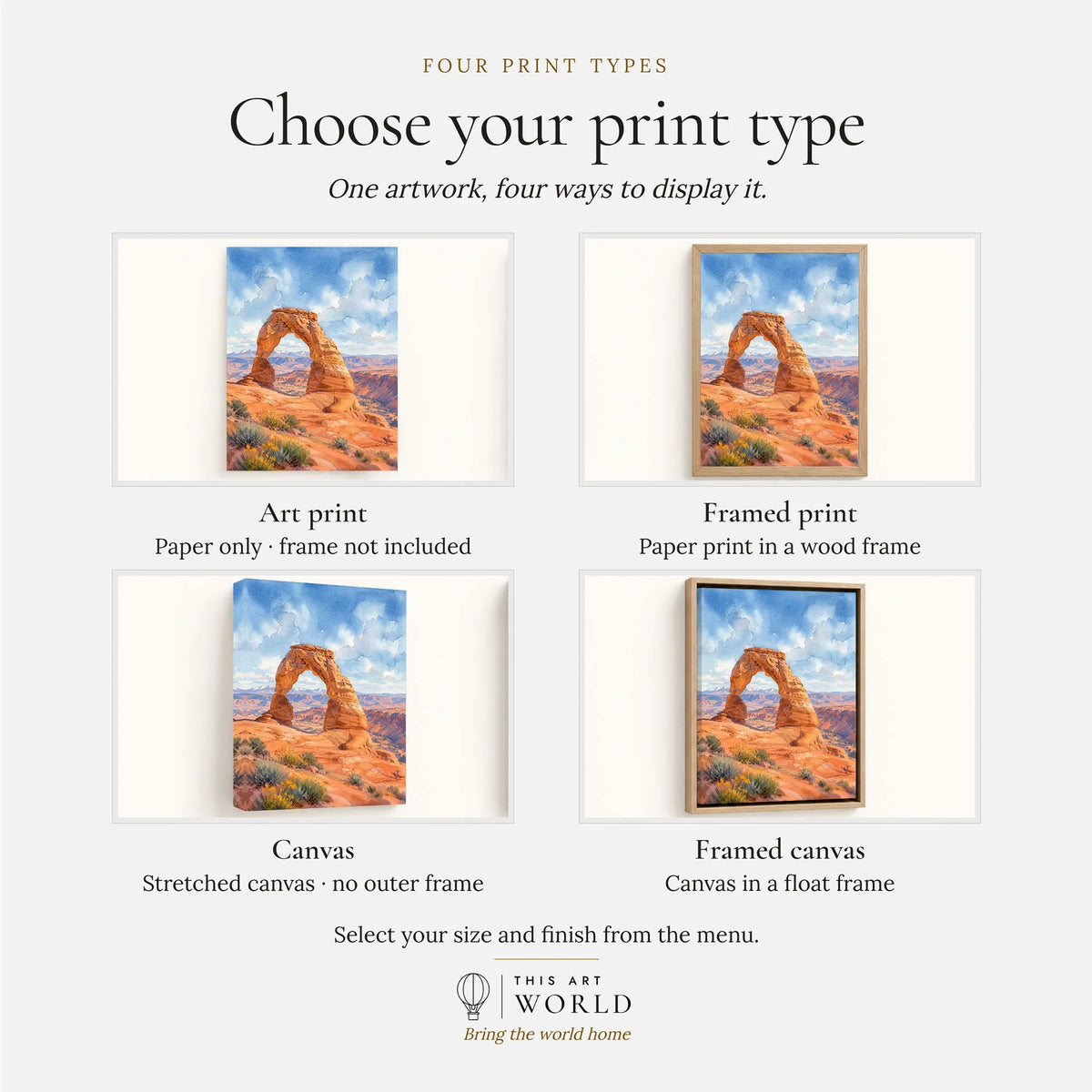Arches National Park Delicate Arch watercolour art print, print type options: art print, framed print or canvas