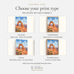 Arches National Park Delicate Arch watercolour art print, print type options: art print, framed print or canvas