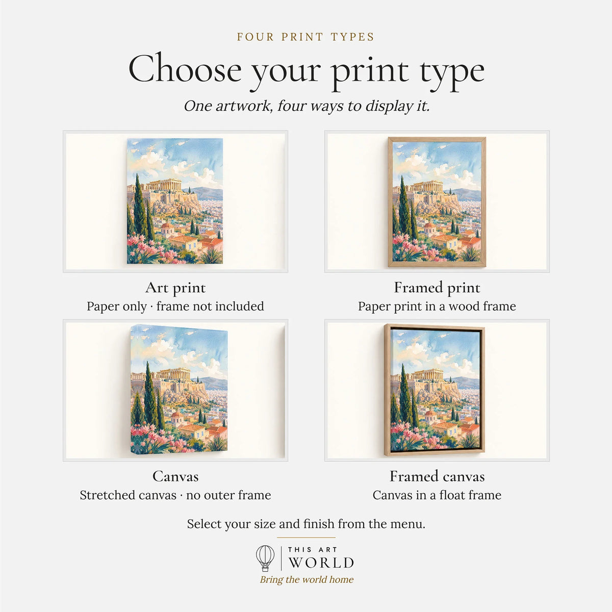 Athens Acropolis and Parthenon watercolour art print, print type options: art print, framed print or canvas