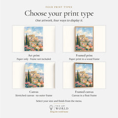 Athens Acropolis and Parthenon watercolour art print, print type options: art print, framed print or canvas