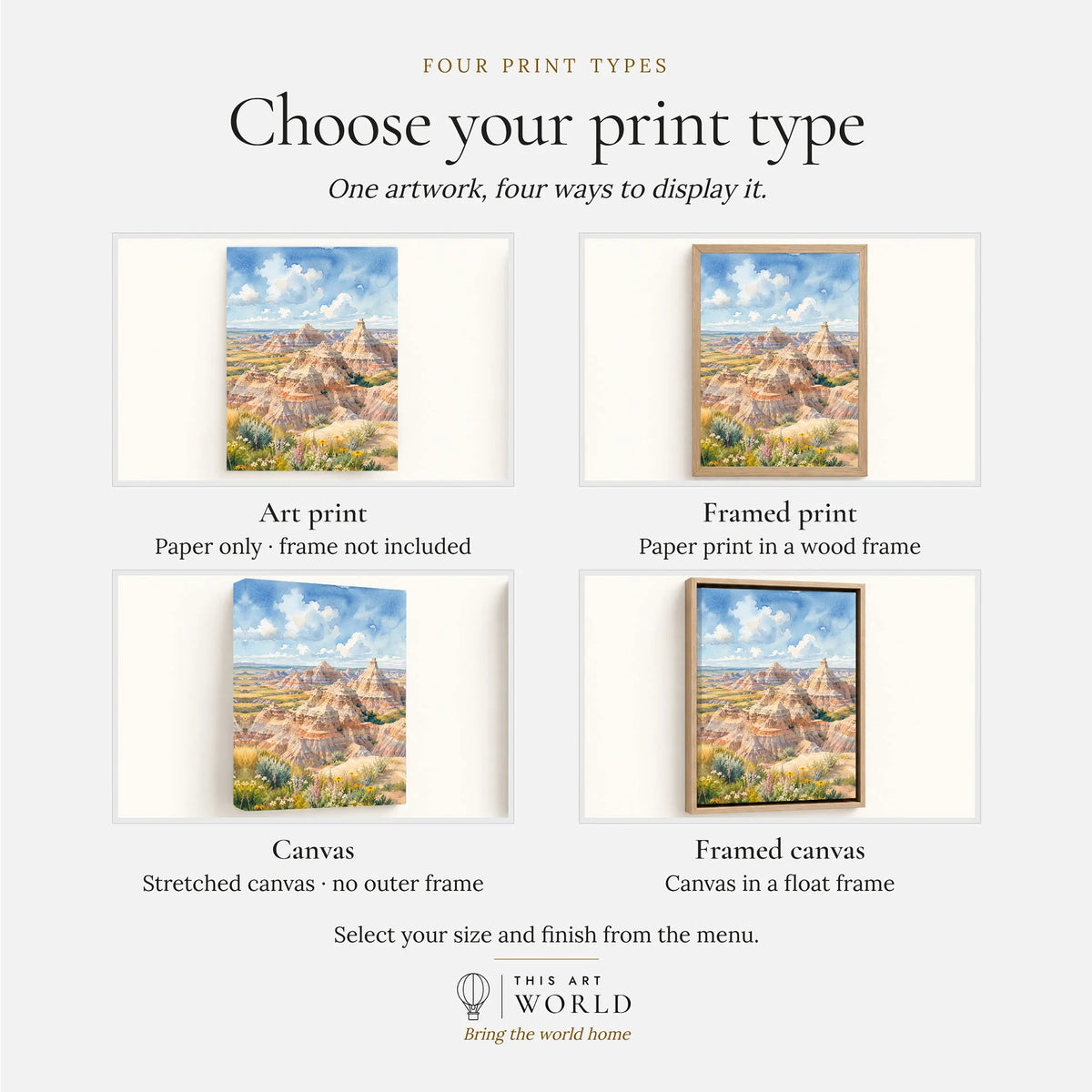 Badlands National Park striped eroded buttes watercolour art print, print type options: art print, framed print or canvas