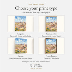 Badlands National Park striped eroded buttes watercolour art print, print type options: art print, framed print or canvas