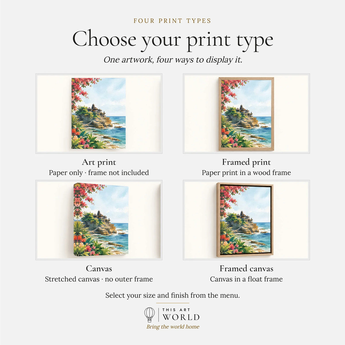 Bali Tanah Lot sea temple watercolour art print, print type options: art print, framed print or canvas
