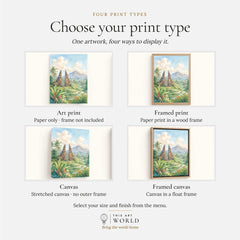 Bali temple gate and rice terraces watercolour art print, print type options: art print, framed print or canvas