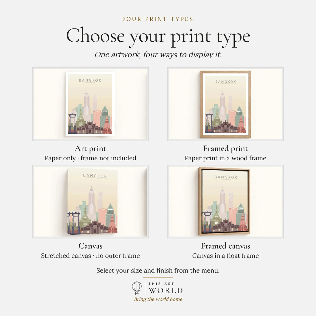 Bangkok city skyline art print, print type options: art print, framed print or canvas