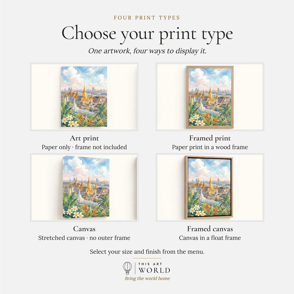 Bangkok Grand Palace golden temples watercolour art print, print type options: art print, framed print or canvas