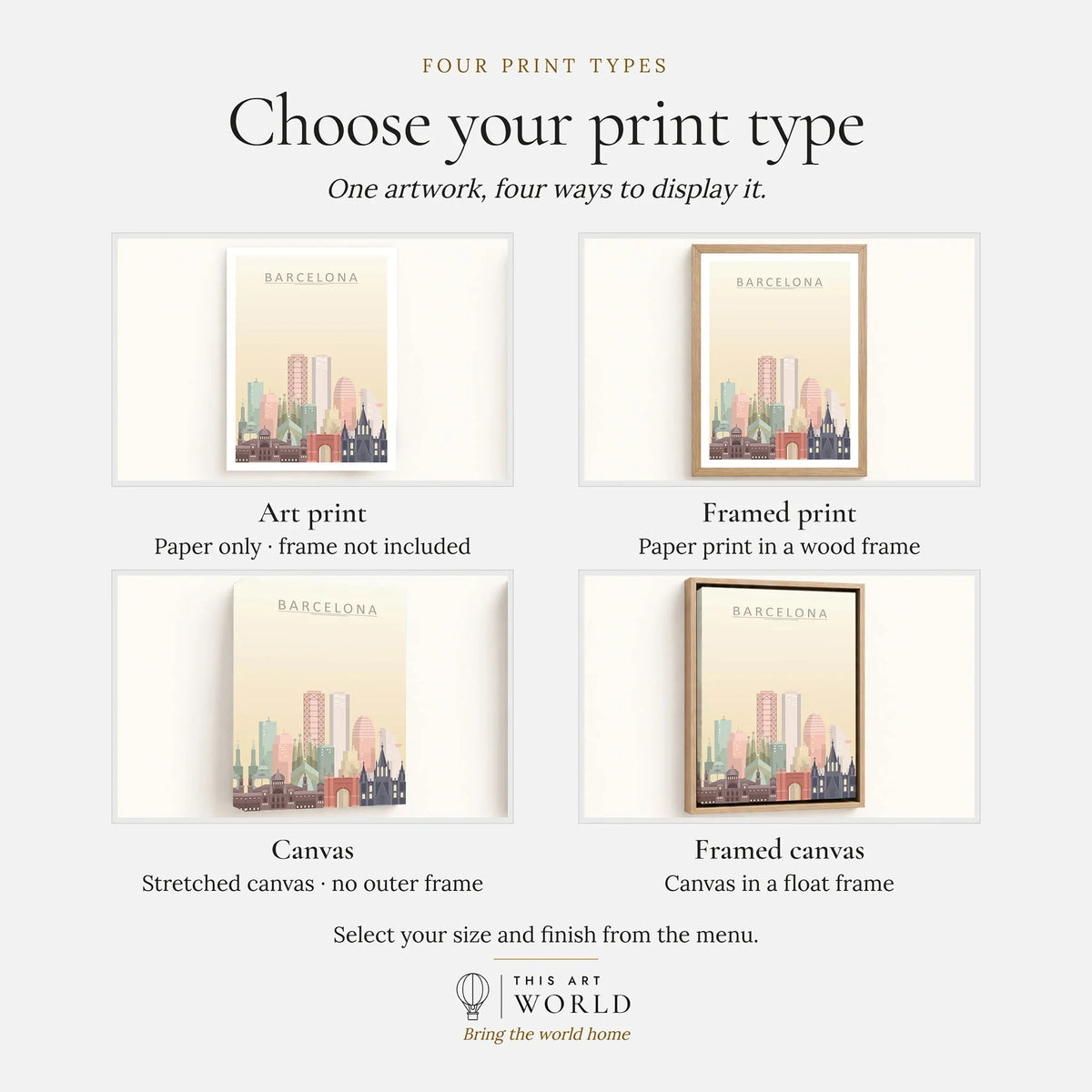Barcelona city skyline art print, print type options: art print, framed print or canvas