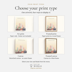 Barcelona city skyline art print, print type options: art print, framed print or canvas