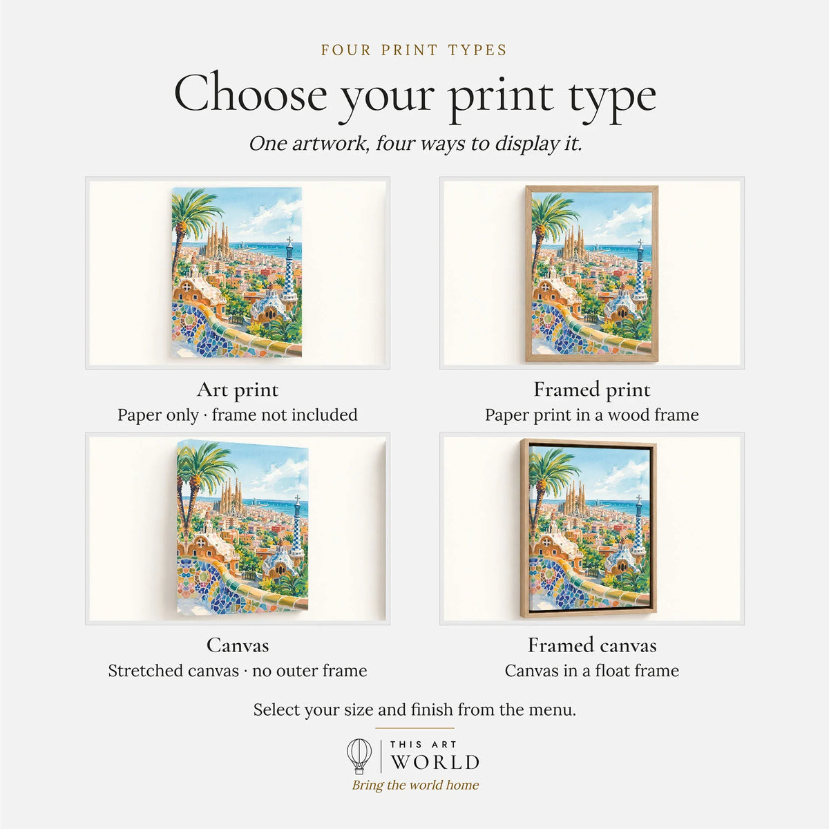 Barcelona Park Güell and Sagrada Família watercolour art print, print type options: art print, framed print or canvas