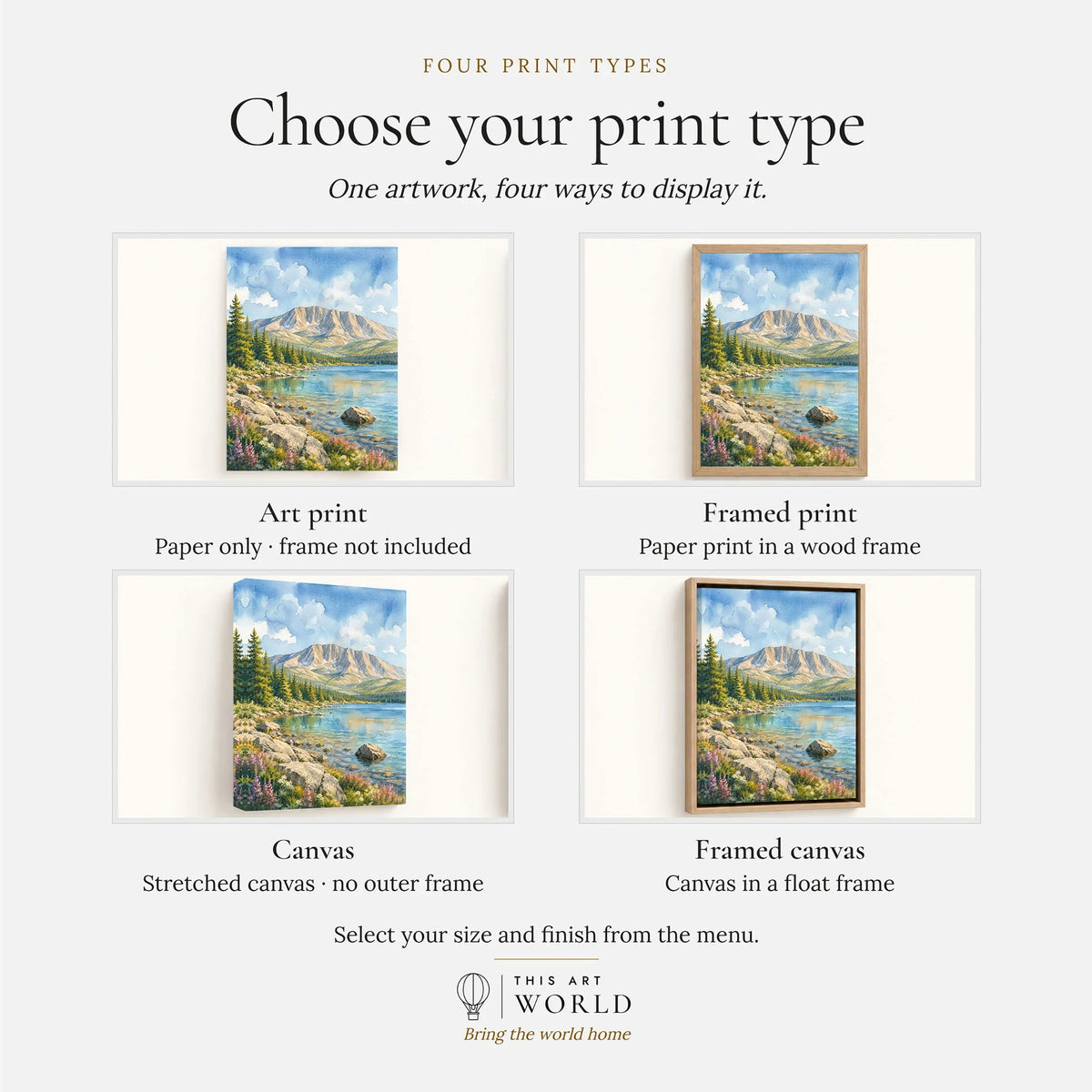 Baxter State Park Mount Katahdin and lake watercolour art print, print type options: art print, framed print or canvas
