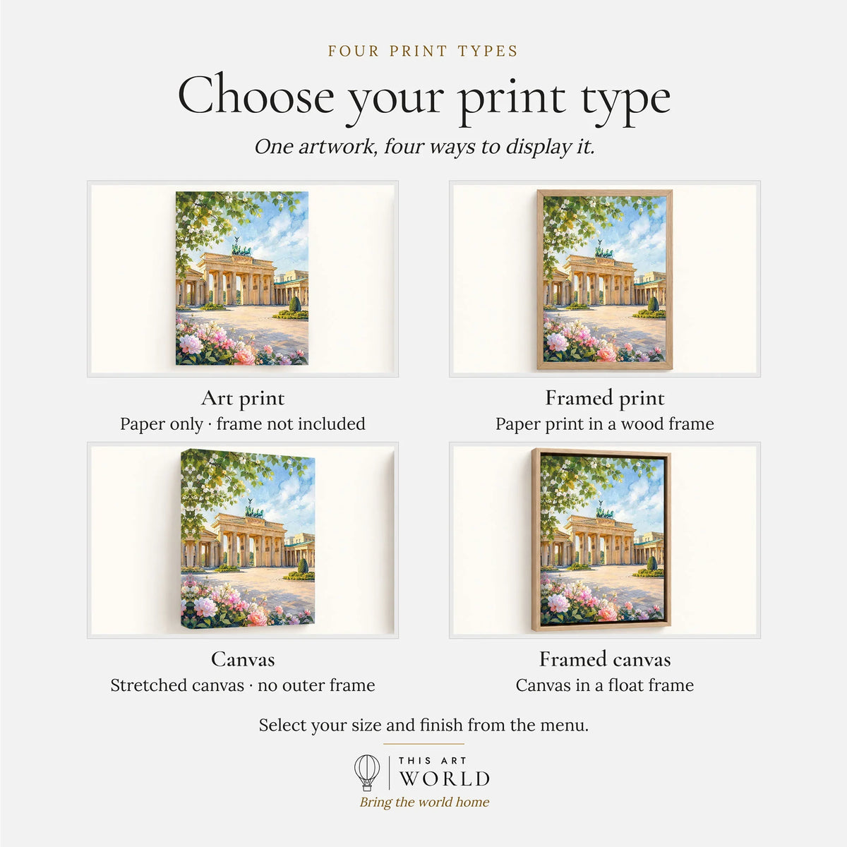 Berlin Brandenburg Gate watercolour art print, print type options: art print, framed print or canvas