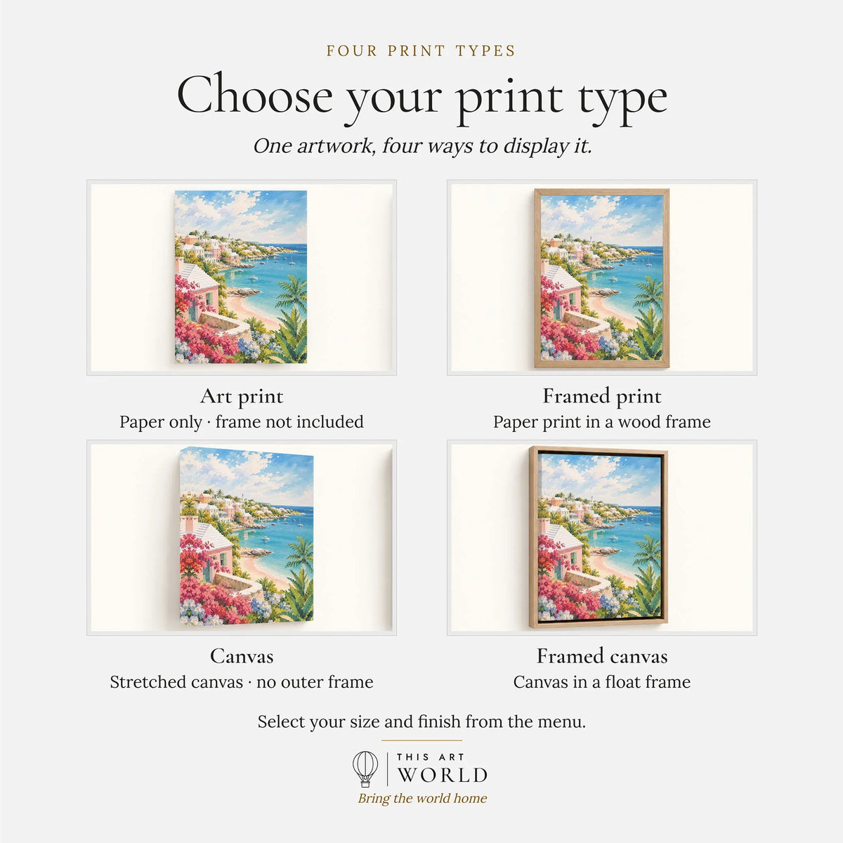Bermuda pastel cottages and turquoise bay watercolour art print, print type options: art print, framed print or canvas