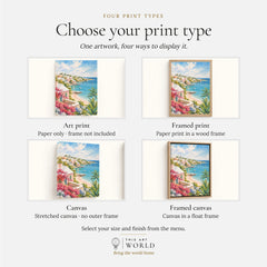 Bermuda pastel cottages and turquoise bay watercolour art print, print type options: art print, framed print or canvas