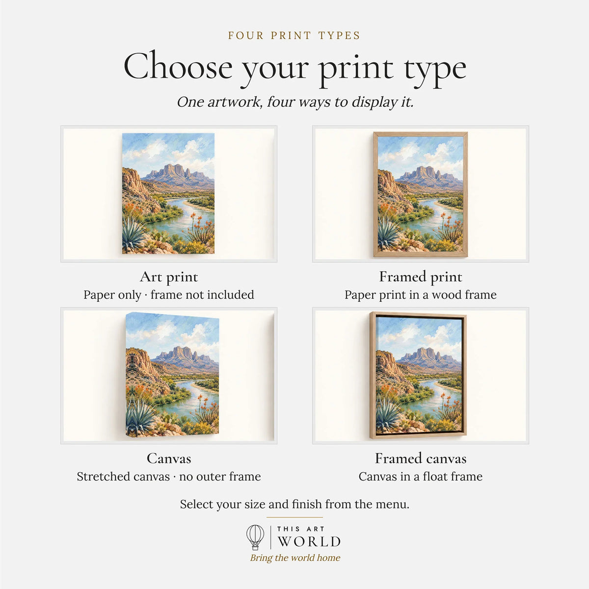 Big Bend Rio Grande and Chisos Mountains watercolour art print, print type options: art print, framed print or canvas