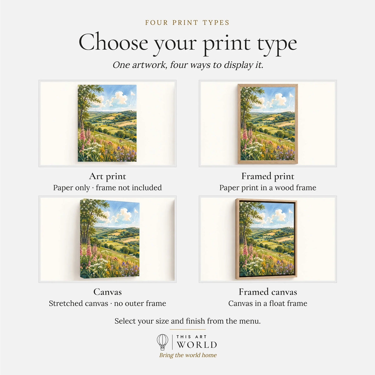 Blackdown Hills foxgloves and patchwork fields watercolour art print, print type options: art print, framed print or canvas