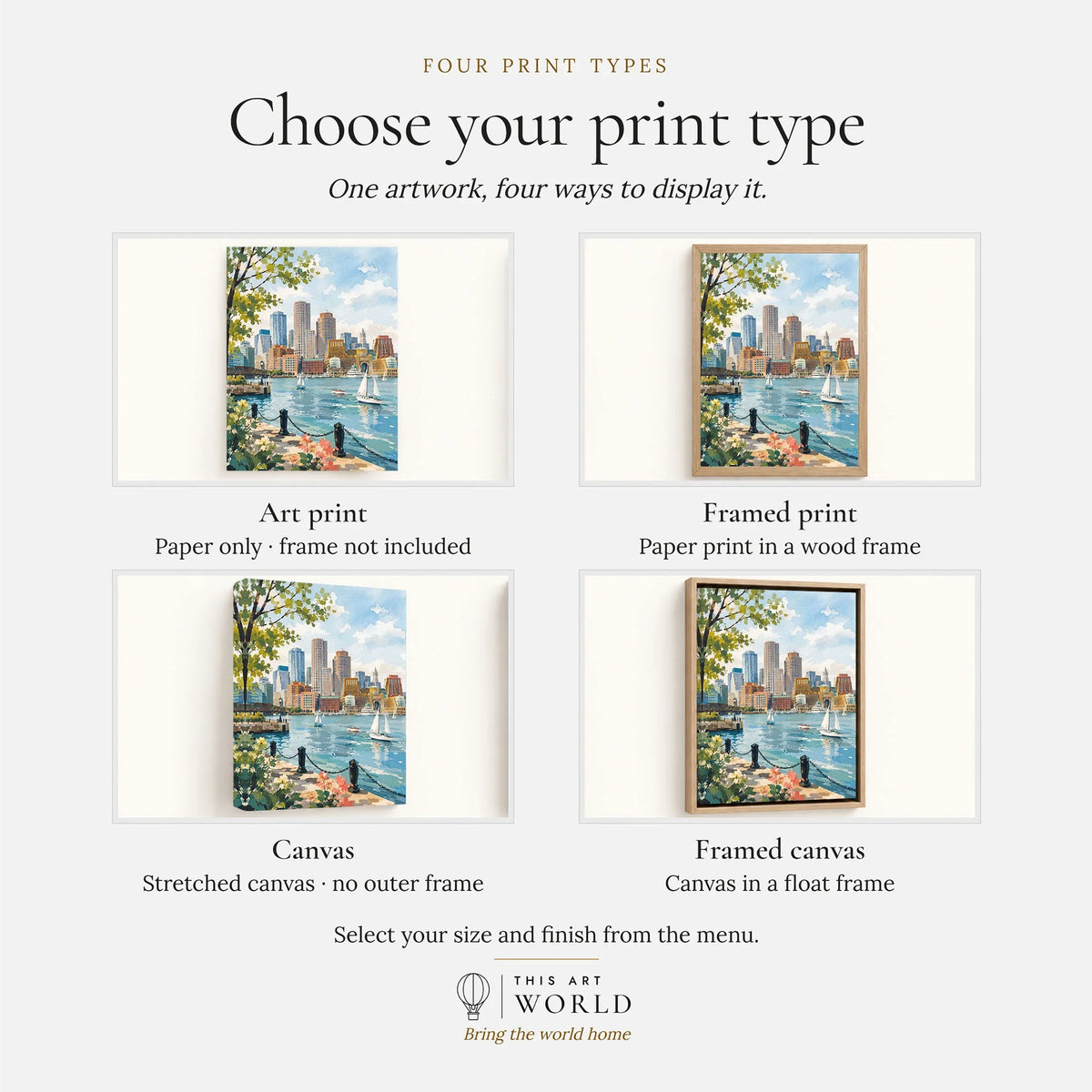 Boston harbour skyline with sailboats watercolour art print, print type options: art print, framed print or canvas
