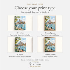 Boston harbour skyline with sailboats watercolour art print, print type options: art print, framed print or canvas