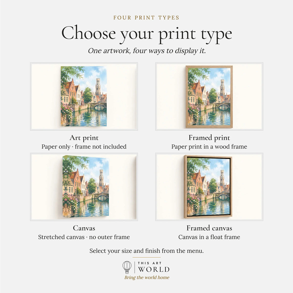 Bruges canal and Belfry tower watercolour art print, print type options: art print, framed print or canvas