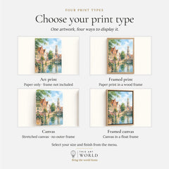 Bruges canal and Belfry tower watercolour art print, print type options: art print, framed print or canvas
