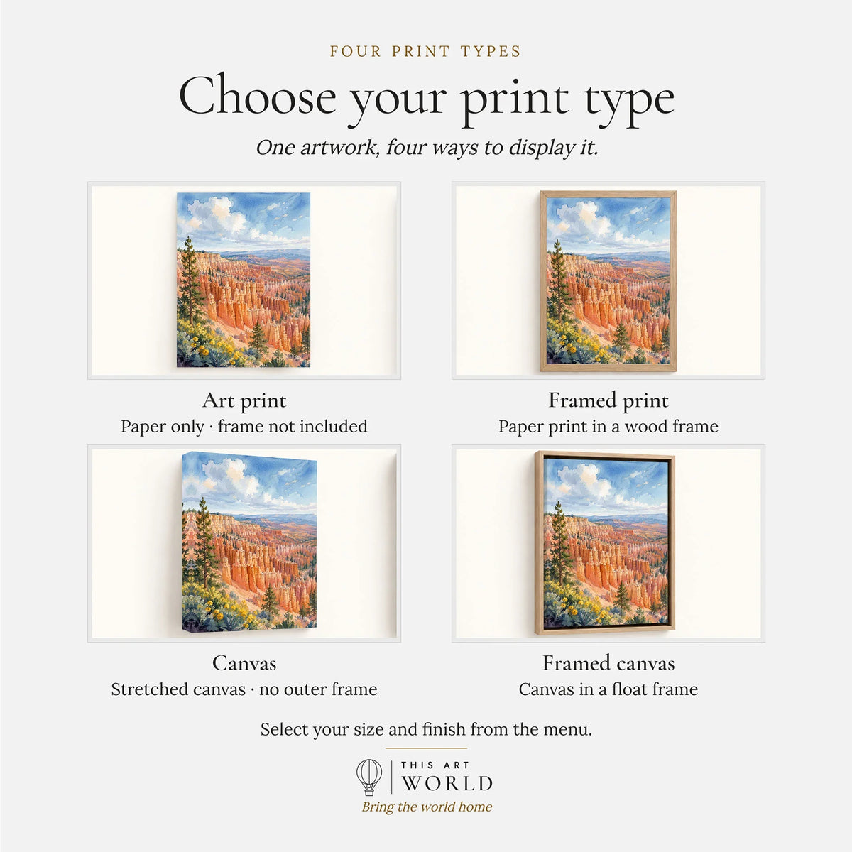 Bryce Canyon National Park hoodoo amphitheatre watercolour art print, print type options: art print, framed print or canvas