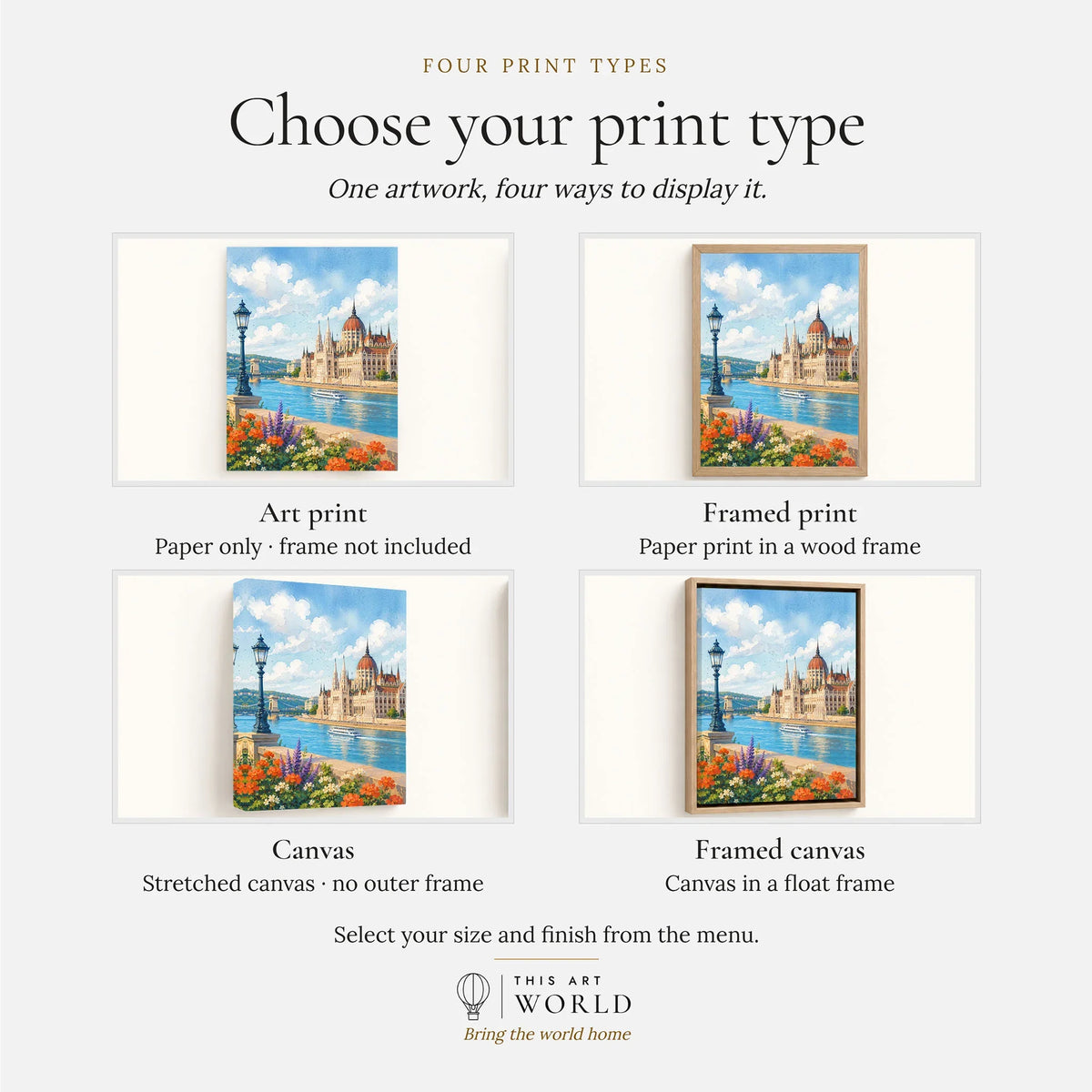 Budapest Parliament on the Danube watercolour art print, print type options: art print, framed print or canvas