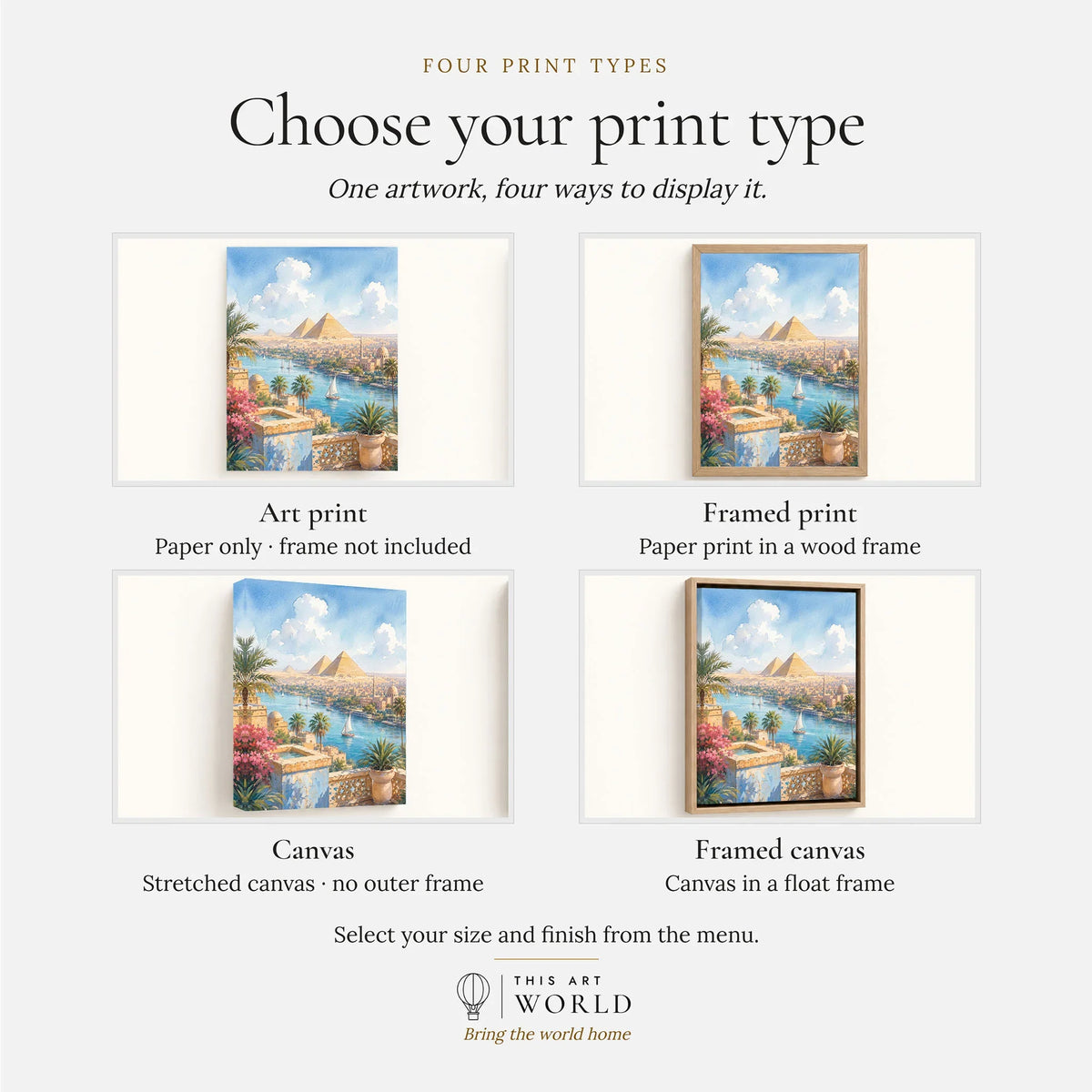 Cairo Pyramids of Giza and the Nile watercolour art print, print type options: art print, framed print or canvas