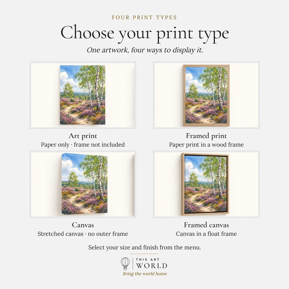 Cannock Chase silver birch and heather path watercolour art print, print type options: art print, framed print or canvas