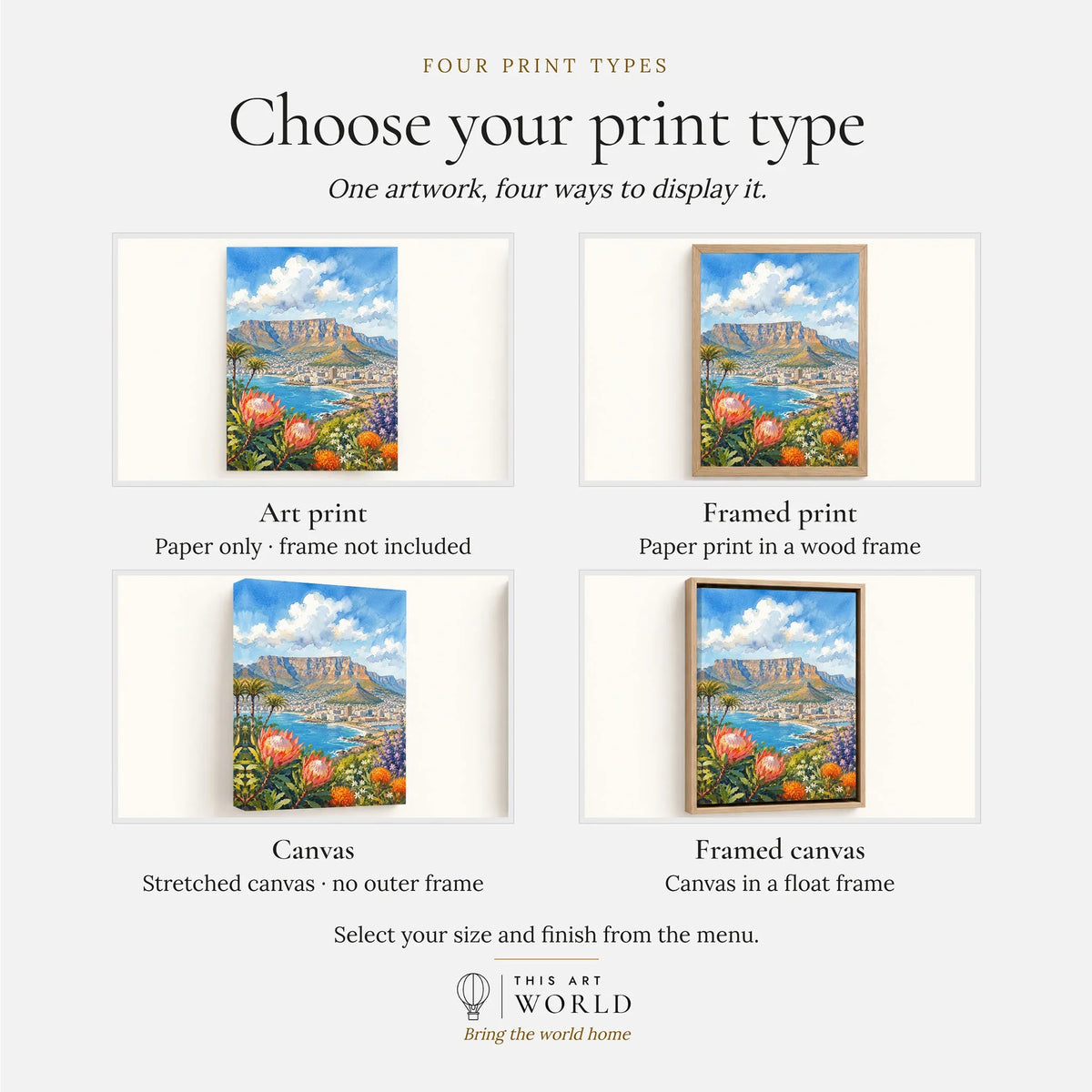 Cape Town Table Mountain bay with proteas watercolour art print, print type options: art print, framed print or canvas