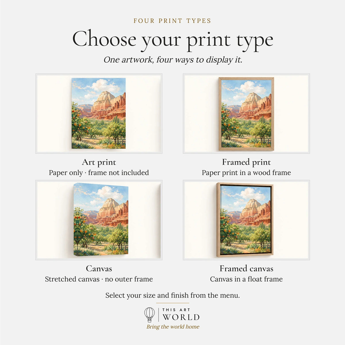 Capitol Reef Fruita orchards and cliffs watercolour art print, print type options: art print, framed print or canvas
