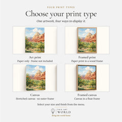 Capitol Reef Fruita orchards and cliffs watercolour art print, print type options: art print, framed print or canvas