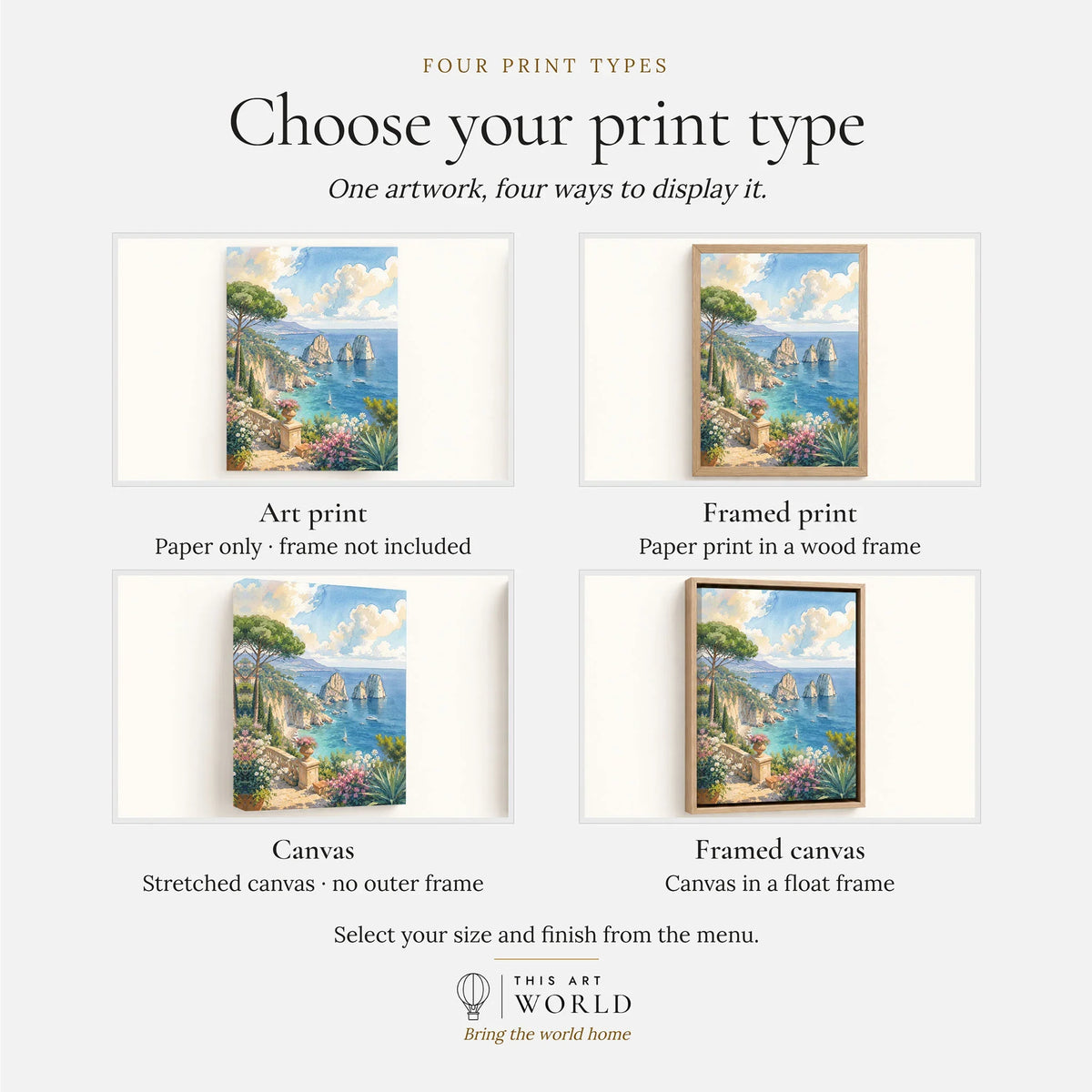 Capri Faraglioni rocks watercolour art print, print type options: art print, framed print or canvas